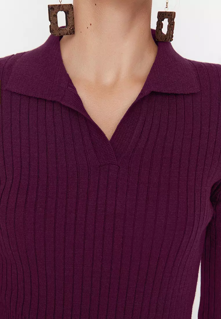 Plum Midi Knitwear Polo Collar Dress