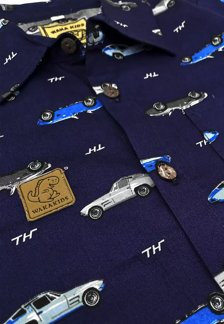 Wakakids Kemeja Anak Laki Laki Usia 1 Tahun Hingga 8 Tahun Atasan Baju Kerah Collar Shirt Motif Race Car Full Printing 4264 Vensk Navy