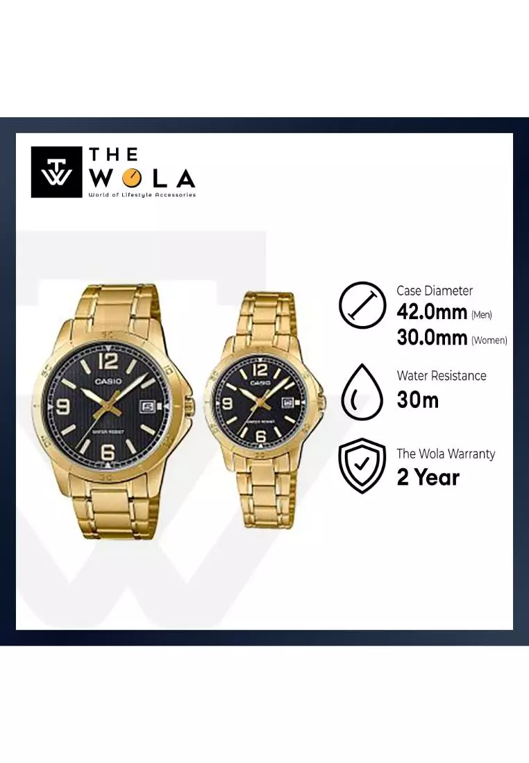 Couple Analog Watch MTP/LTP-V004G-1B Gold Stainless Steel Strap