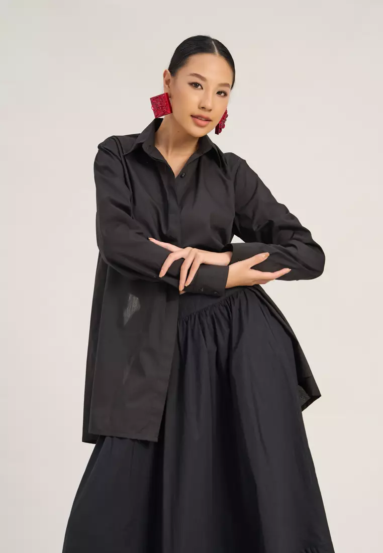 黑色亞麻蓬鬆半身裙