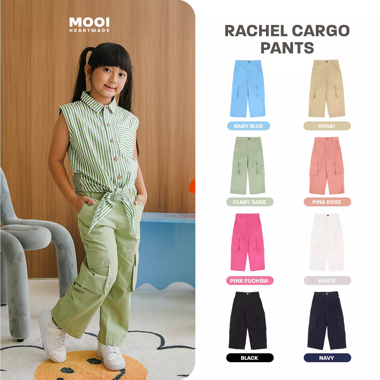 Mooi Celana Panjang Chinos Cargo Anak Perempuan Rachel Cargo Pants - Black