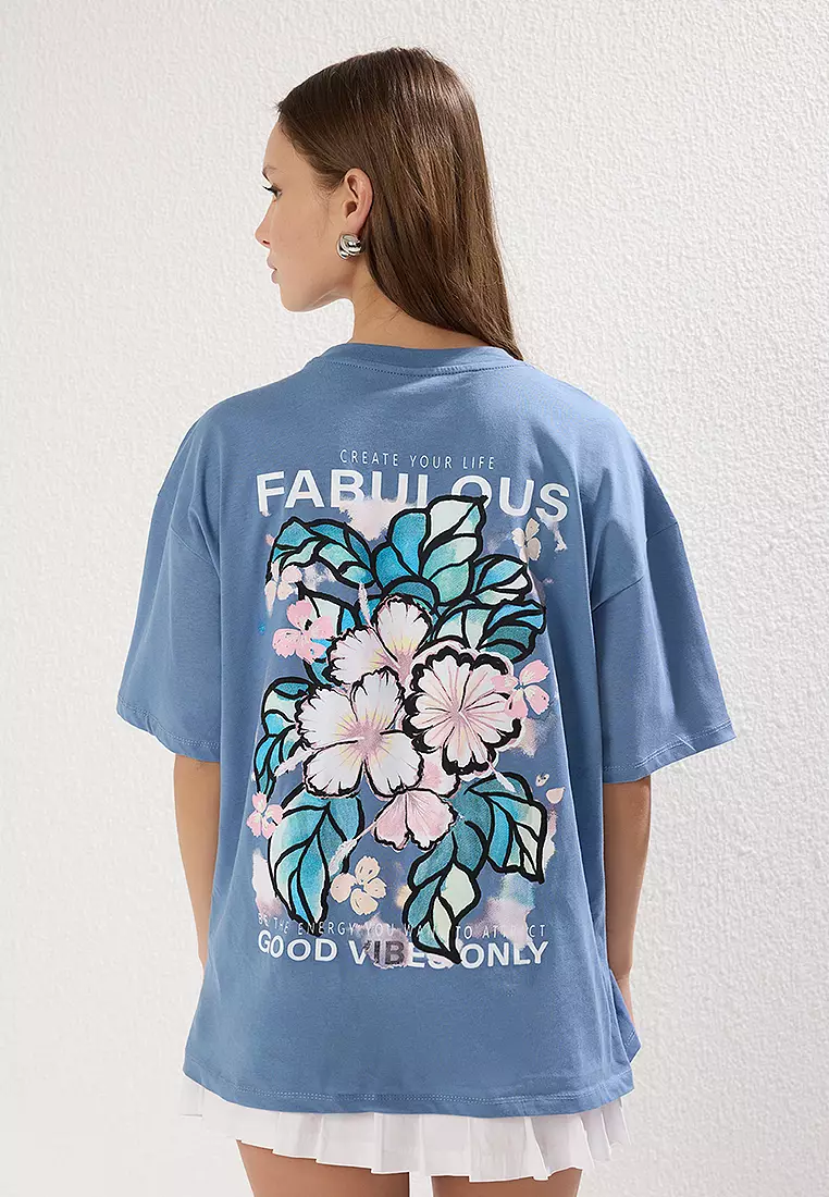 Indigo Back And Front Printed Oversize/Wide Cut Knitted T-Shirt