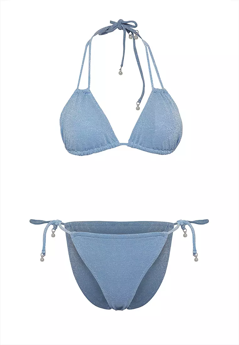 Blue Triangle Pearl Accessory Glittery Regular Bikini Set