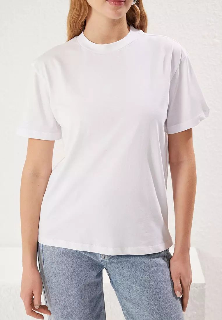 White-White 2-Pack 100% Cotton Basic Stand Collar Knitted T-Shirt TWOSS20TS1500