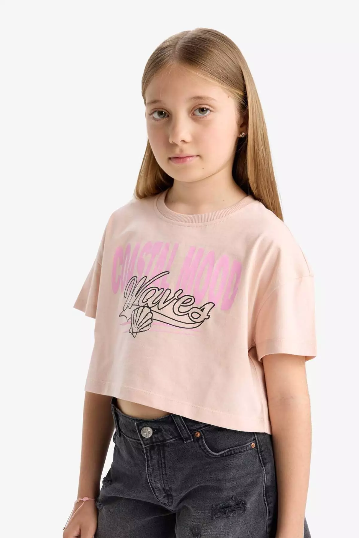 Girl's Crop Crew Neck Printed Short Sleeve T-Shirt E0385A825Sm