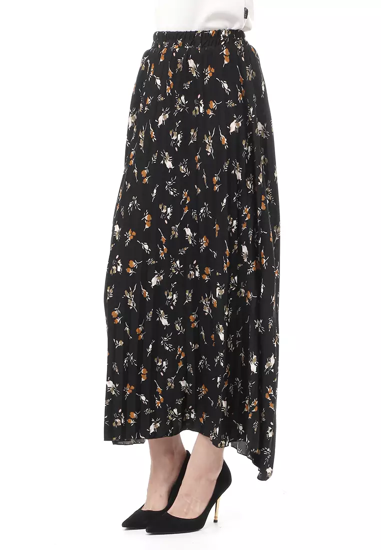 Rok Plisket Motif Print Design Vintage Rubbery Waist Bawahan Wanita - Daily Hitam