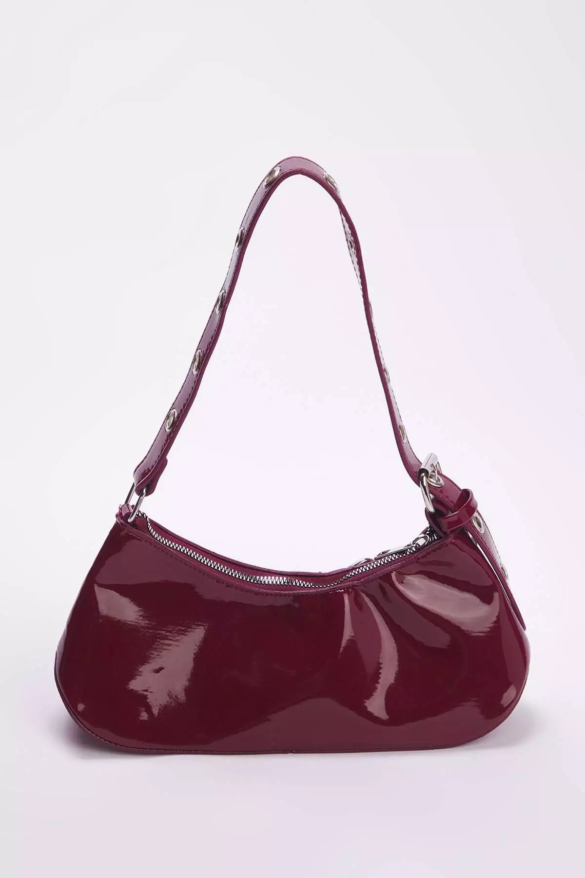 Burgundy Eyelet Belt Buckle Detailed Women's Baguette Shoulder Bag Takss25Oc00069