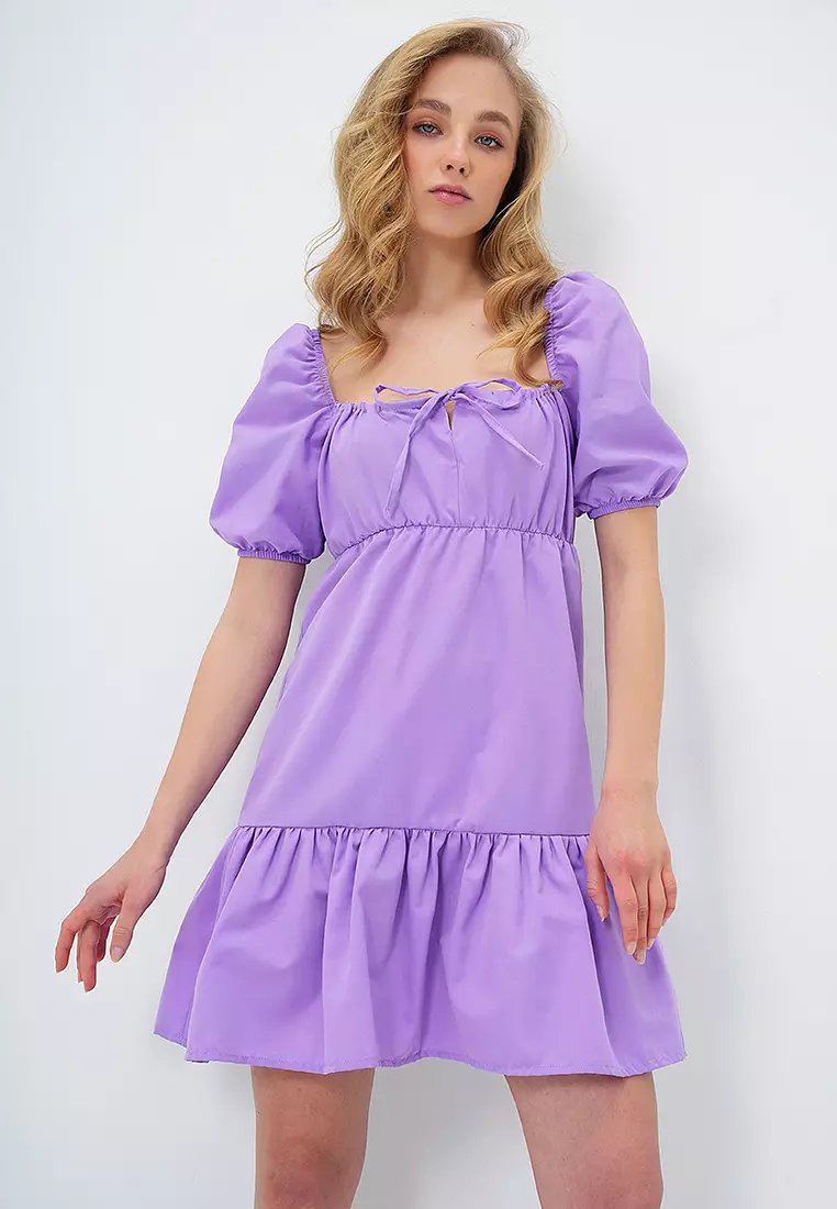 Women's Lilac Square Neck Balloon Sleeve Poplin Mini Dress Alc-X13594