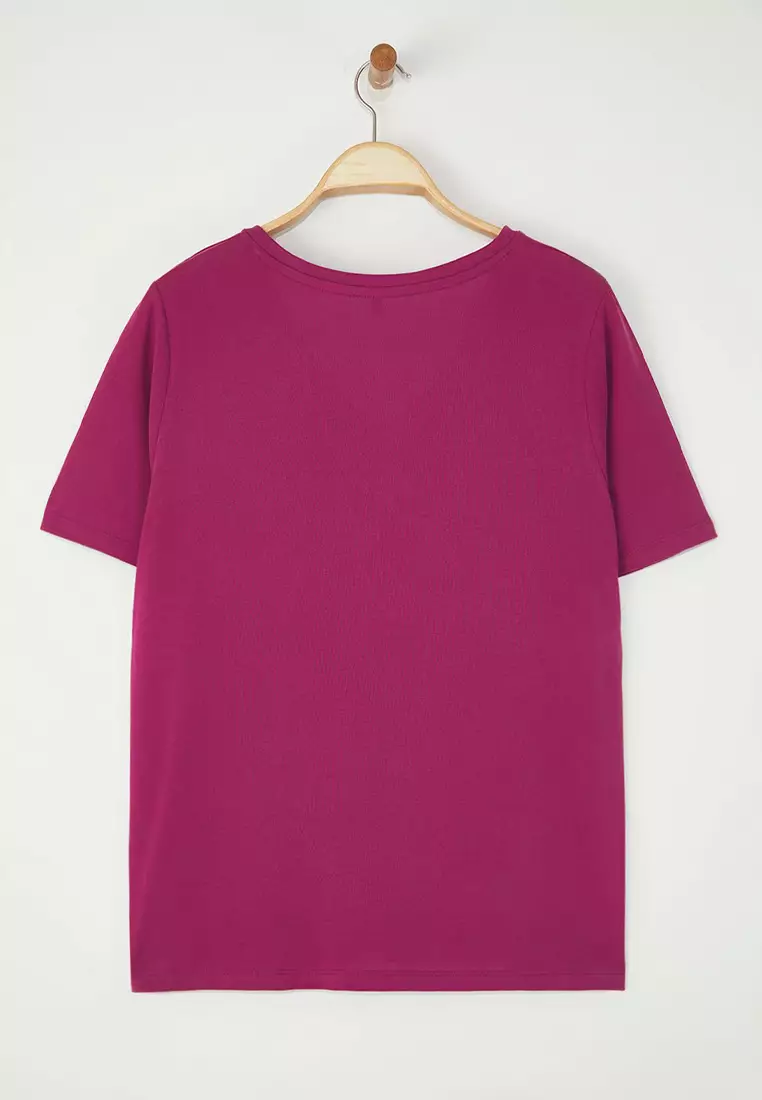 Dusty Rose V Neck Modal Flowy Comfortable Plus Size T-shirt TBBSS25BF00053