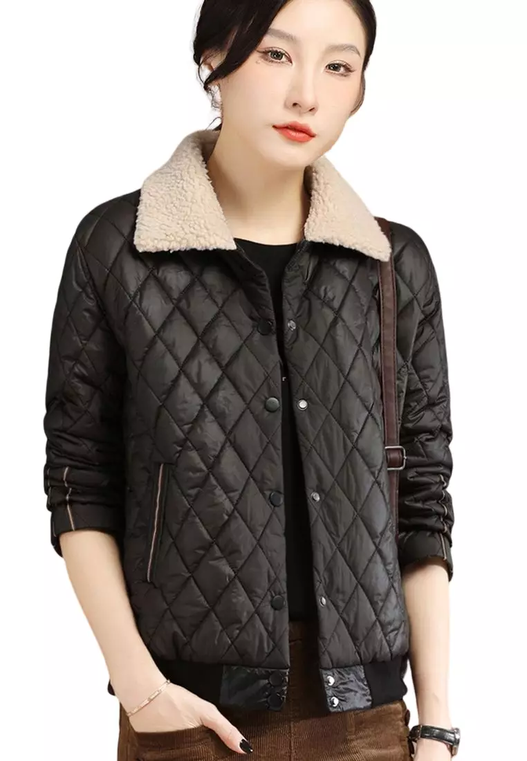 Red plaid jacket with fur clearance collar
