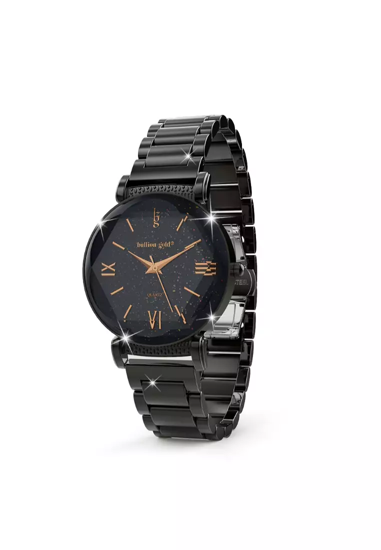 Romish Watch Embellished with Glittering Crystals - Black and Rose Gold