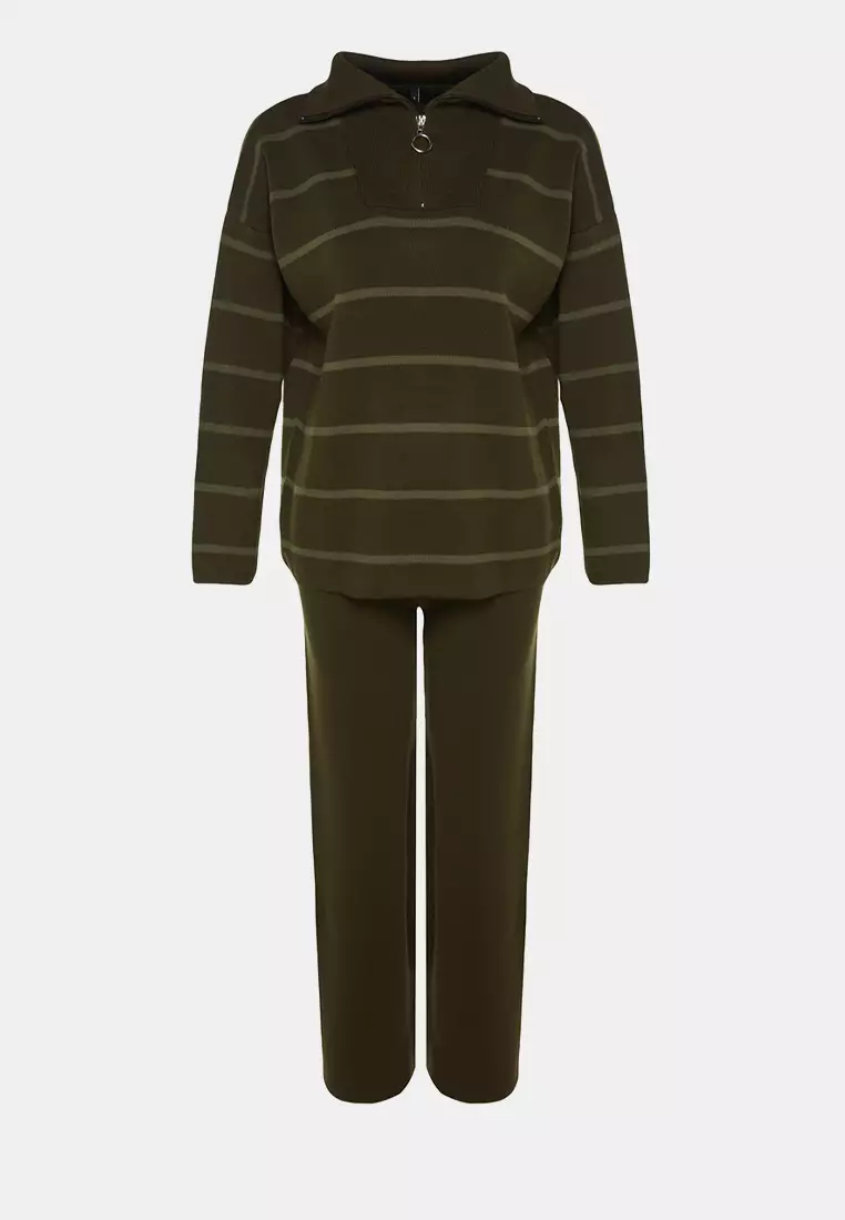 Khaki Wide Fit Zippered Knitwear Bottom-Top Set Twoaw24Au00025