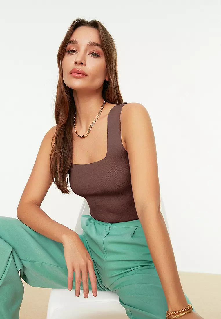 Brown Crop Thick Strappy Blouse