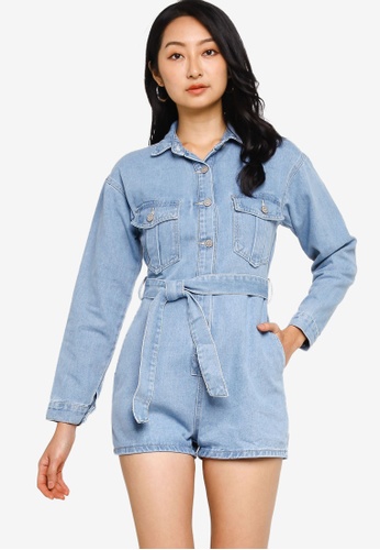ZALORA BASICS blue Long Sleeves Playsuit with Self Tie D9D30AA1FA43C2GS_1
