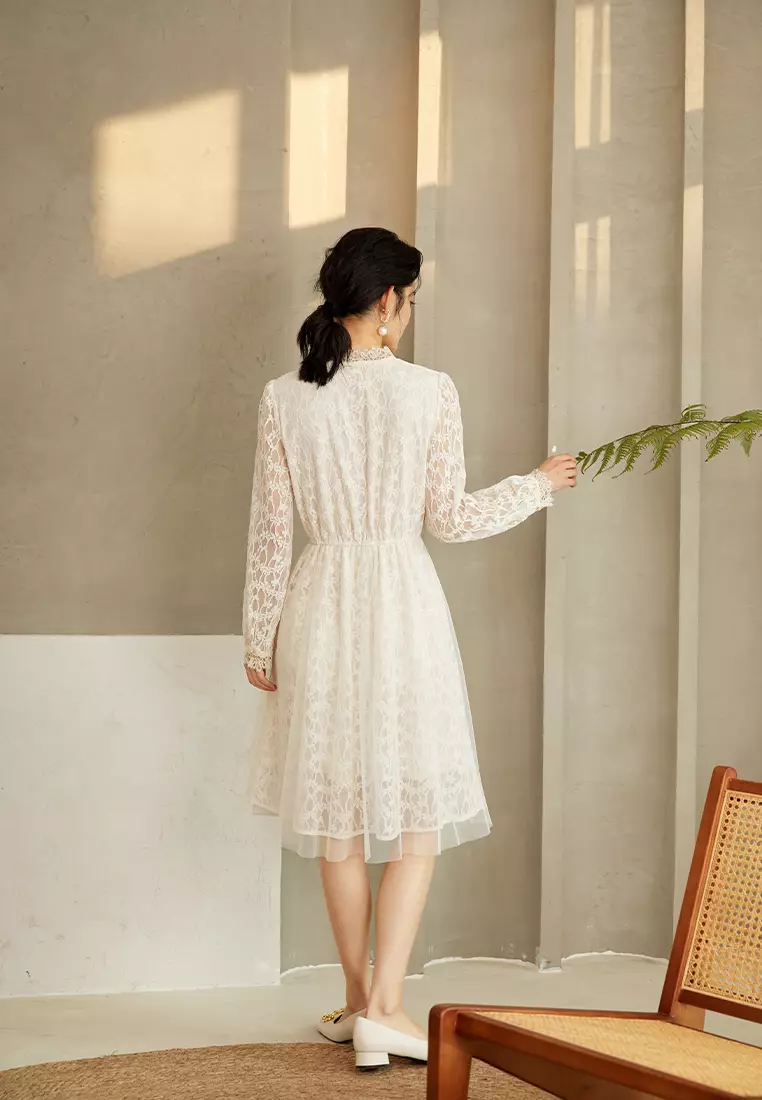 Stand Collar Lace Jacquard Midi Dress