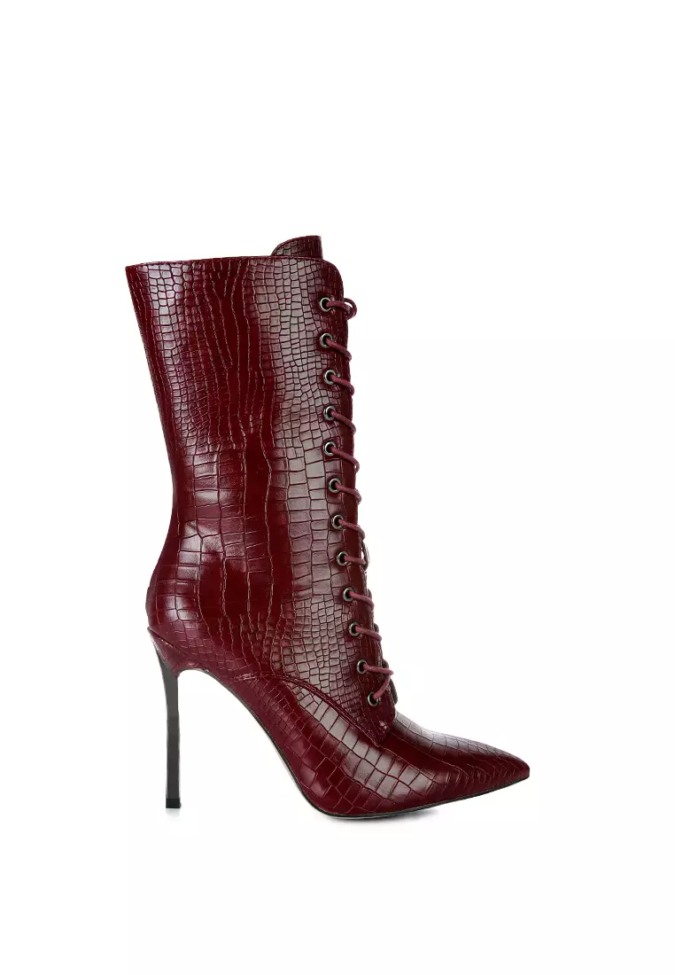 Discount on London Rag  shoes - SKU: Croc Textured Over The Ankle Boots in Burgundy