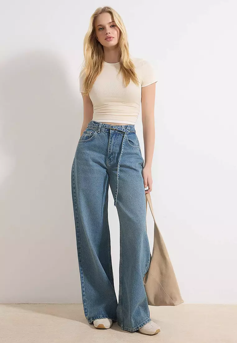 Blue Belted High Waist Wide Leg Wide Leg 1% Cotton Jeans Twoss26Je85