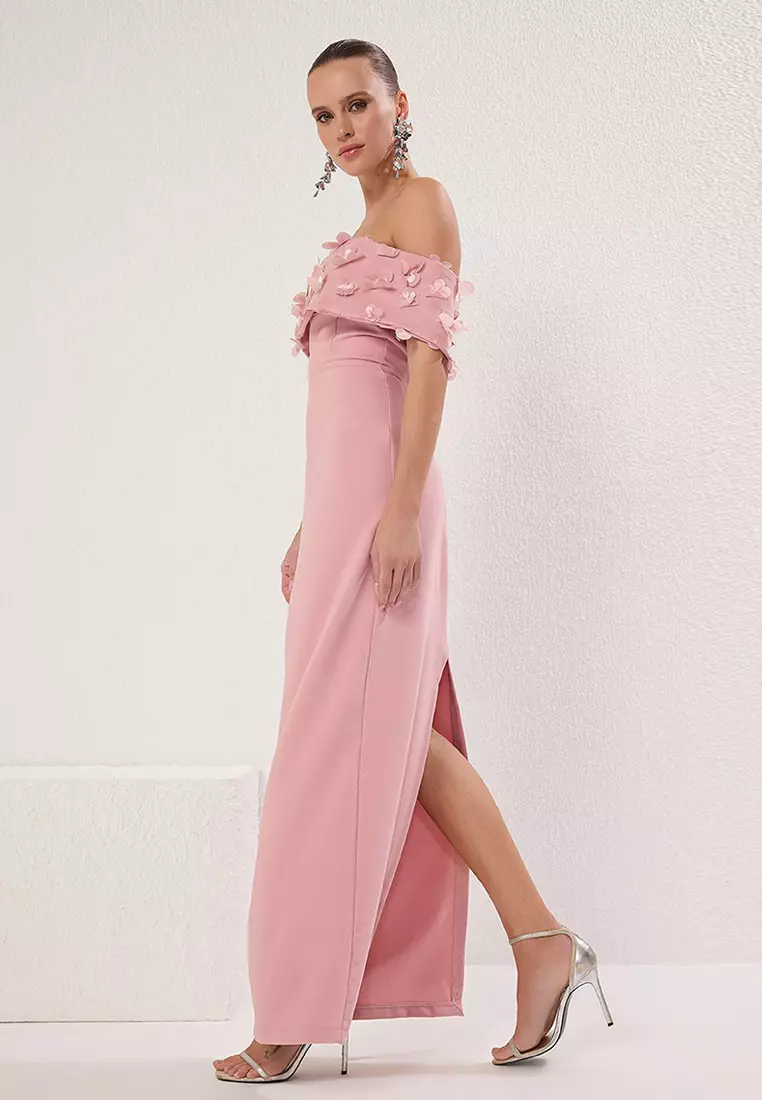 Dusty Rose Carmen Collar Flower Applique Detailed Woven Long Evening Night Graduation Dress TPRSS25AE00107
