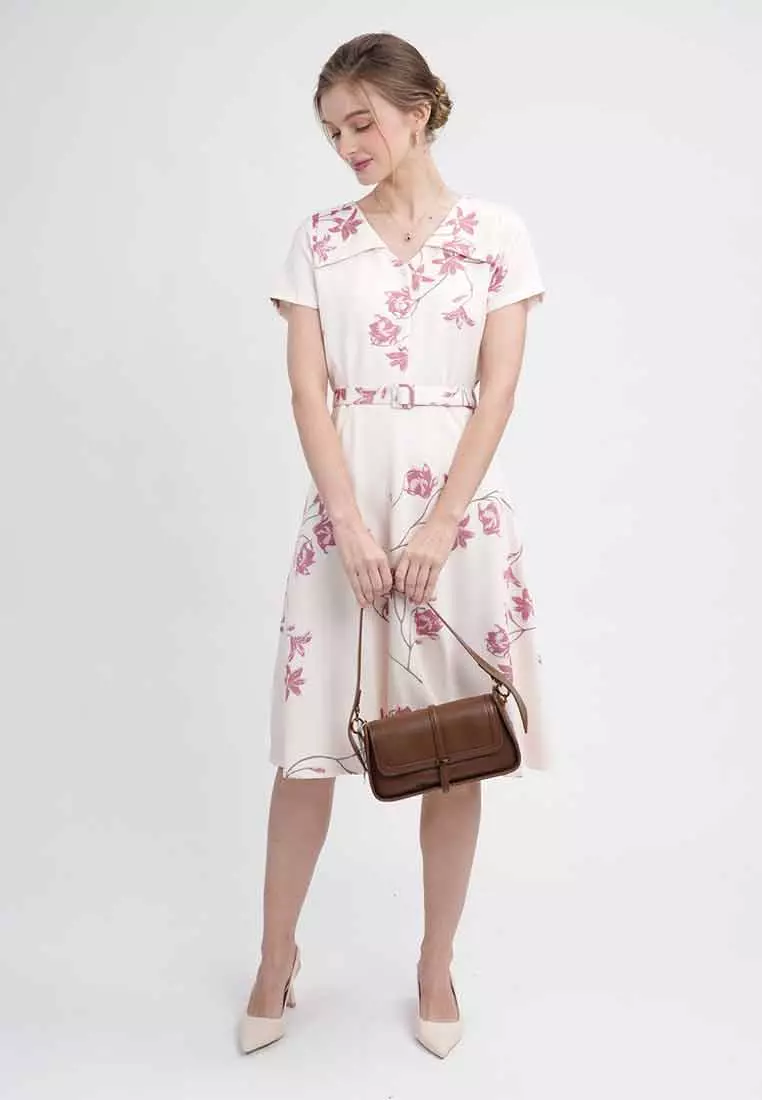 Zelina Vintage Floral Print A-Line Midi Dress