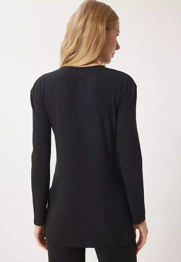 Comfortable Ribbed Knitted Blouse Trousers Set