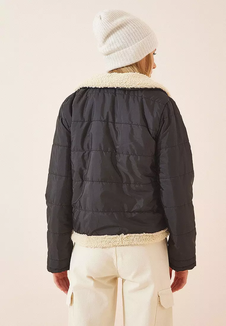 Faux Leather Faux Wool Crop Pilot Jacket