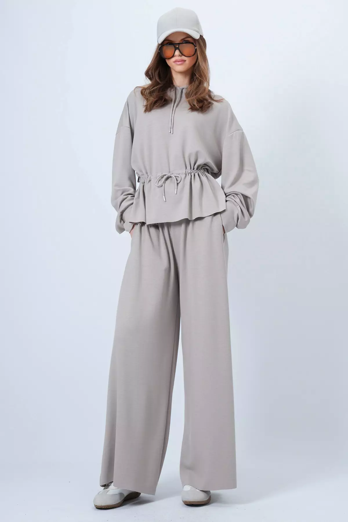Beige Hooded Drawstring Waist Modal Blouse And Pants Set Alc-X14668