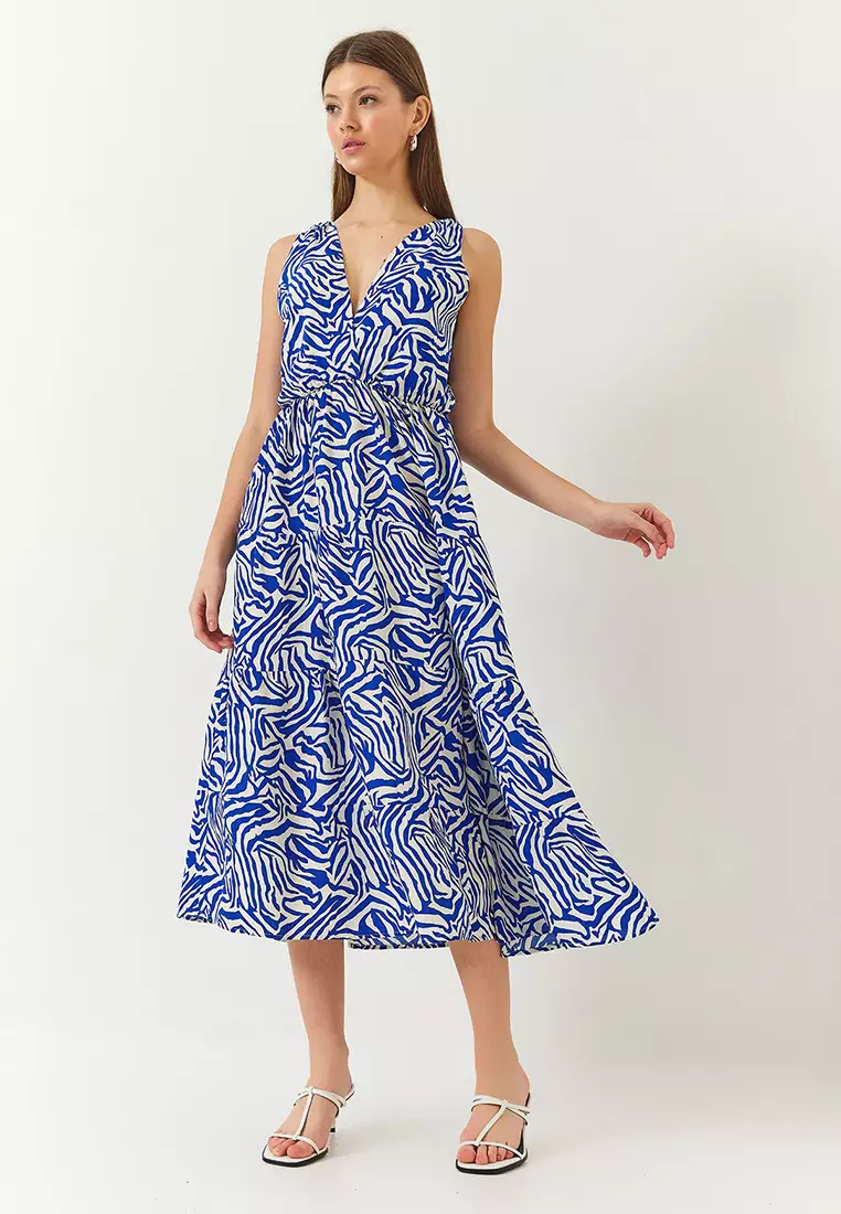 Women's Double Breasted Neckline Elastic Waist Back Rope Tie Print Dress 60261428