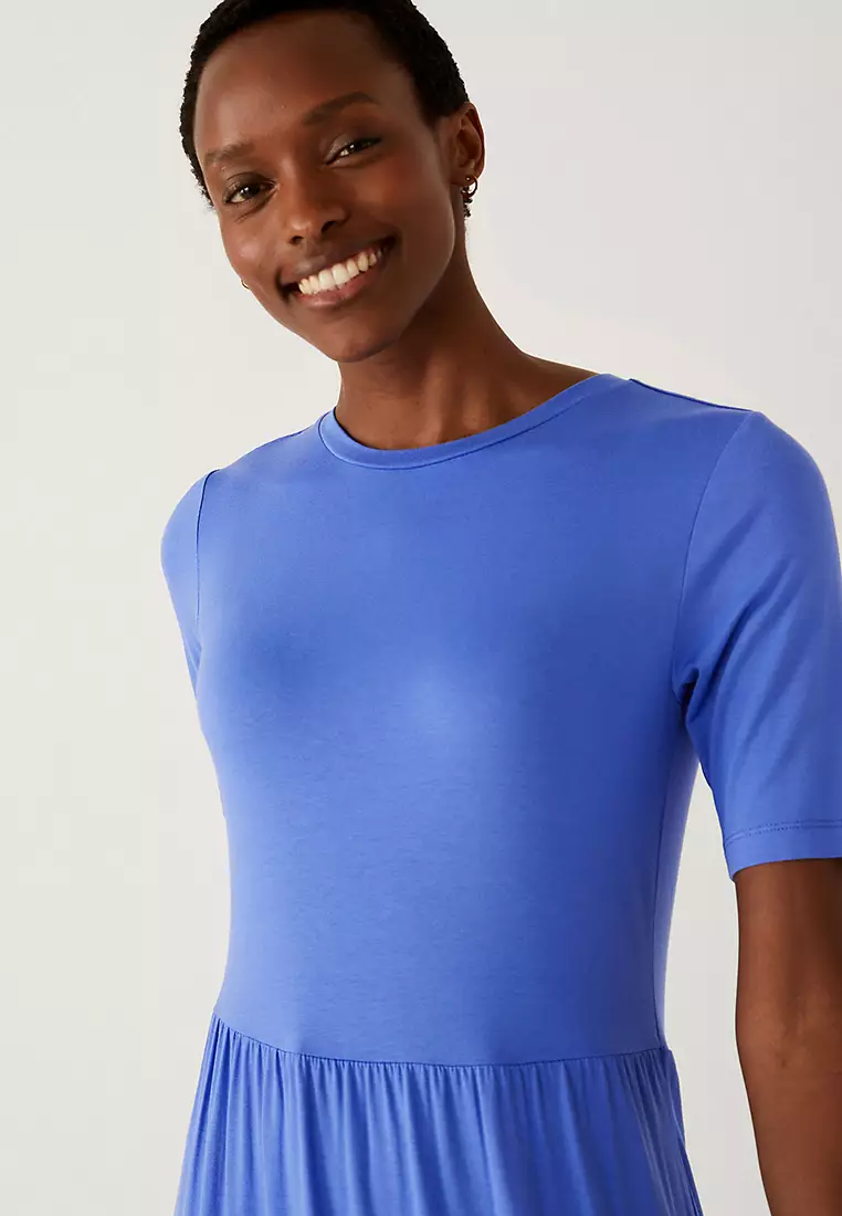 Jersey Round Neck Midi Tiered Dress