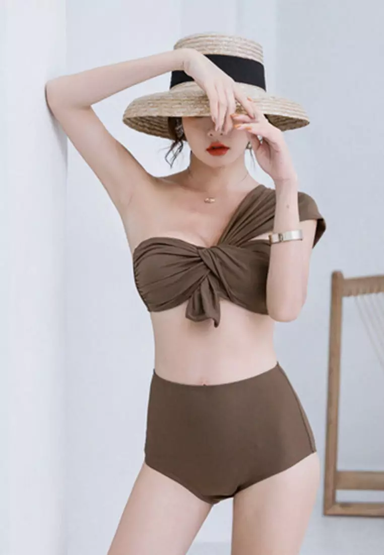 Slant Shoulder Split High Waist Two Piece Swimsuit CA071701BW