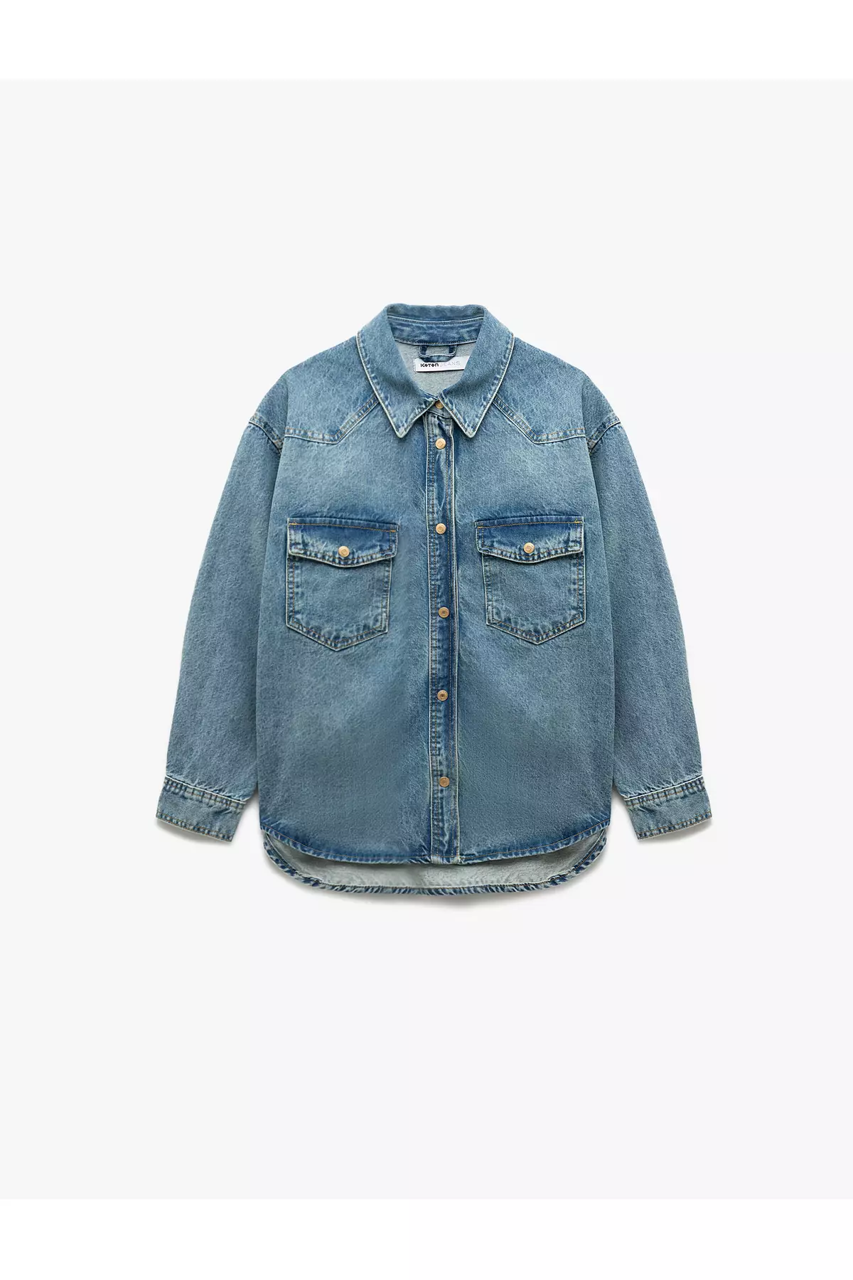 Long Sleeve Classic Collar Pocket Detailed Buttoned Cotton Oversize Denim Shirt