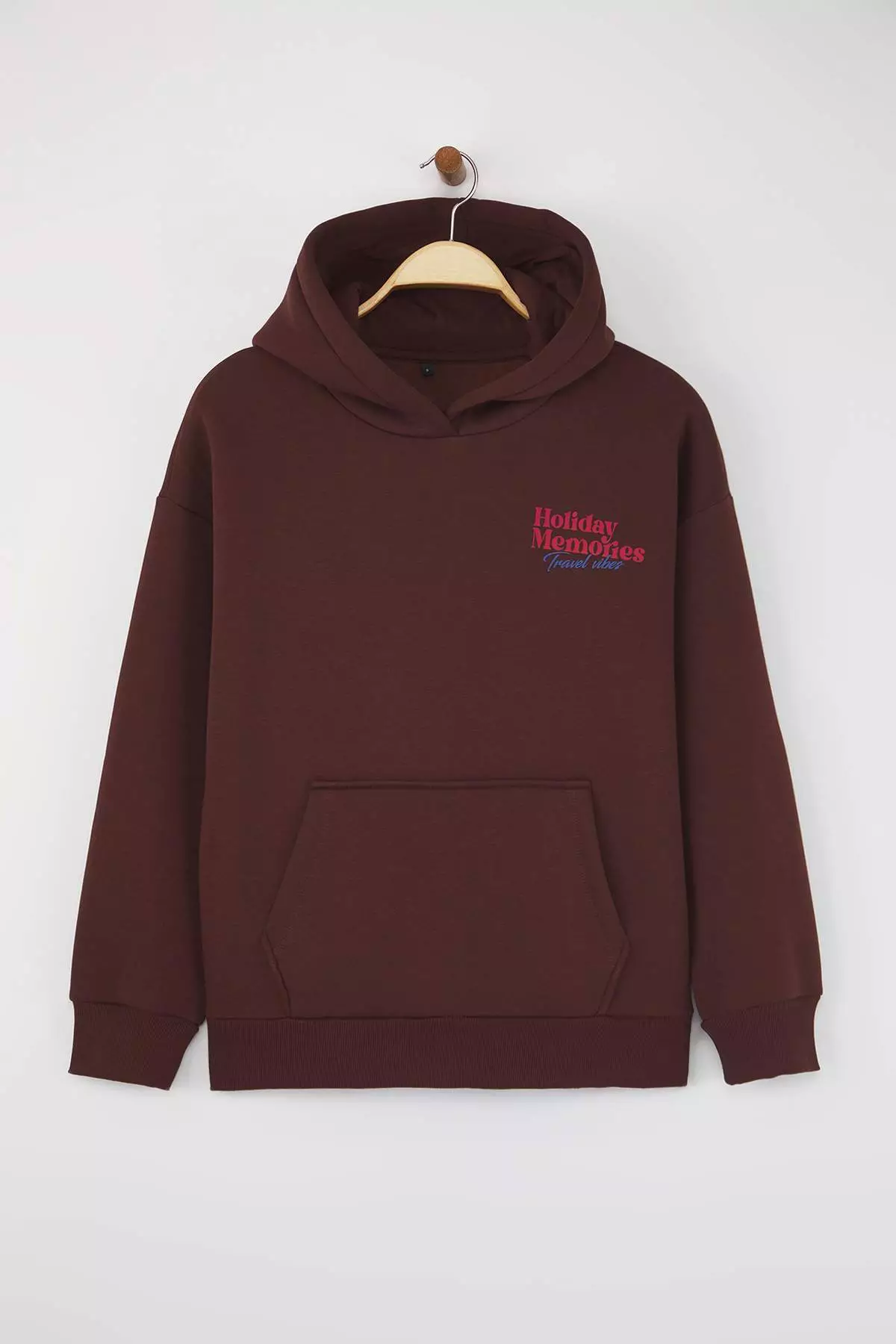 Teen Brown Back Printed Oversize Pattern Hooded Polar Fleece Knitted Sweatshirt