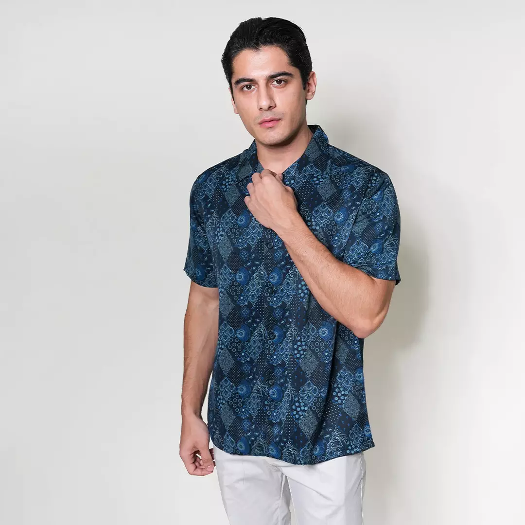 Casella Kemeja Lengan Pendek Kerah Terbuka | Cuban Camp Bowling Collar Xantif Edition 2360 Navy