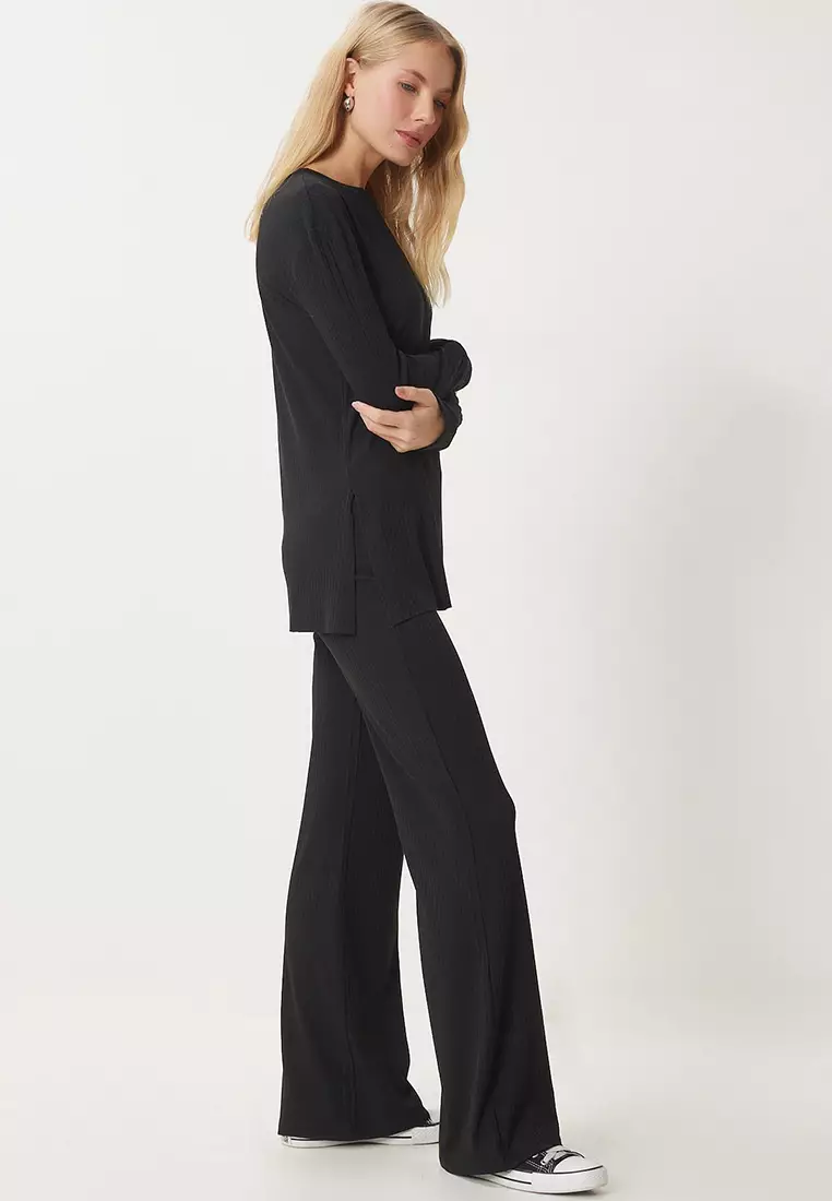 Comfortable Ribbed Knitted Blouse Trousers Set