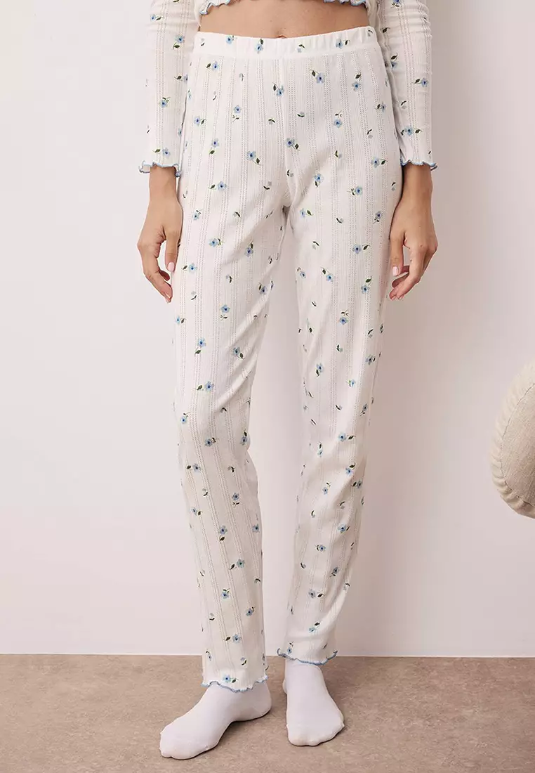 White Blue Floral Ribbon/Bow Ribbed/Pointel Knitted Pajamas Set