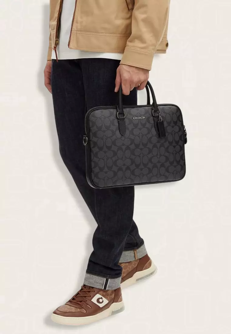 Coach Liam Compact Brief In Signature Canvas Charcoal