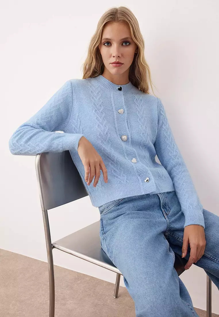 Light Blue Hair Knit Button Detailed Soft Textured Knitwear Cardigan Twoaw26Hi00040