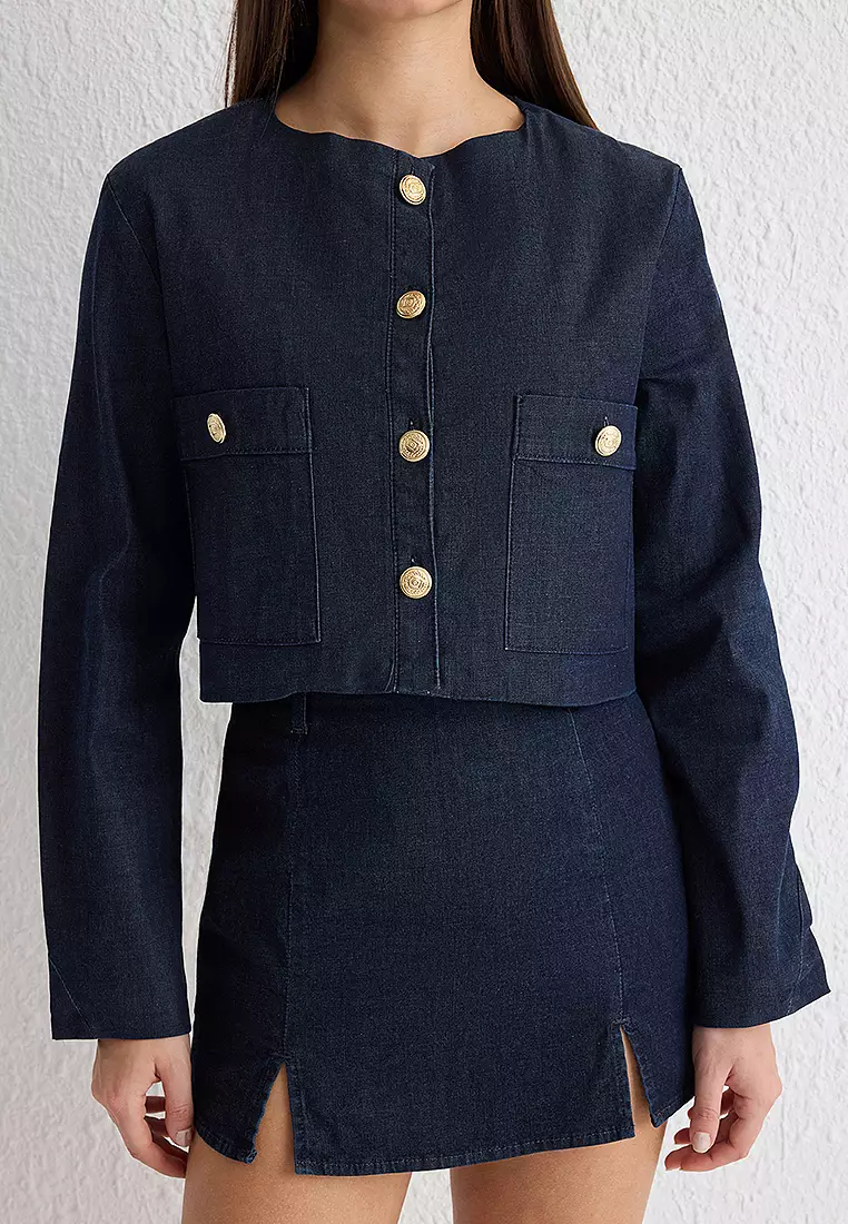 Button Detailed Denim Crop Jacket