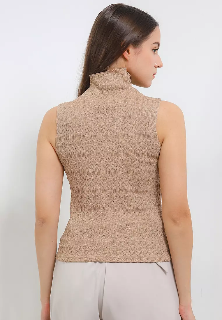 Sleeveless Lattice Knit Mock Neck Tank Top