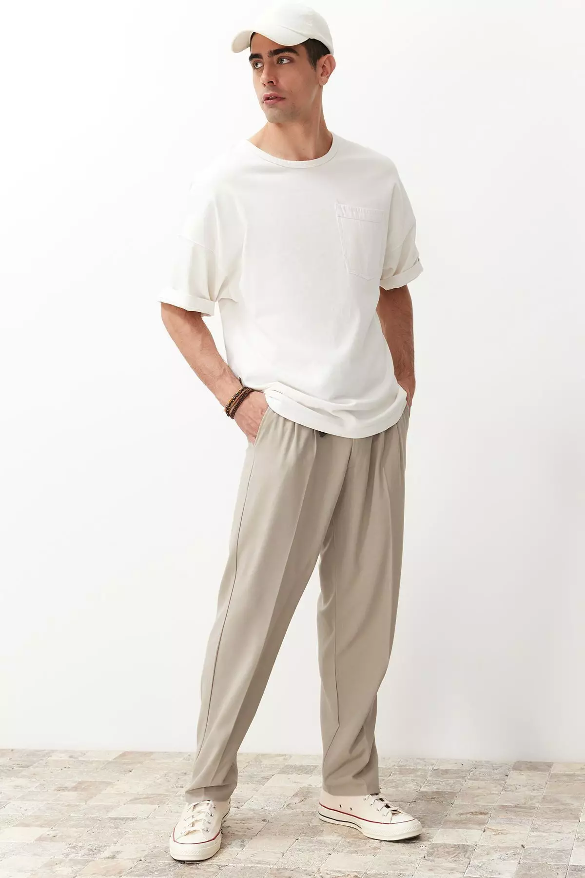 Stone Pleated Classic Baggy Fit Fabric Pants Tmnss24Pl00024
