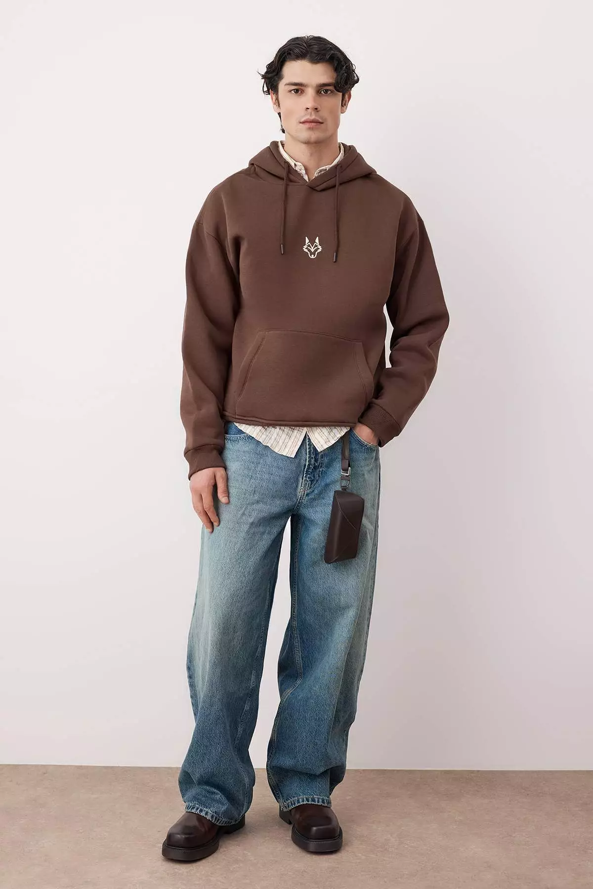 Dark Brown Regular Cut Hooded Polar Fleece Inside Tiger Embroidered Sweatshirt