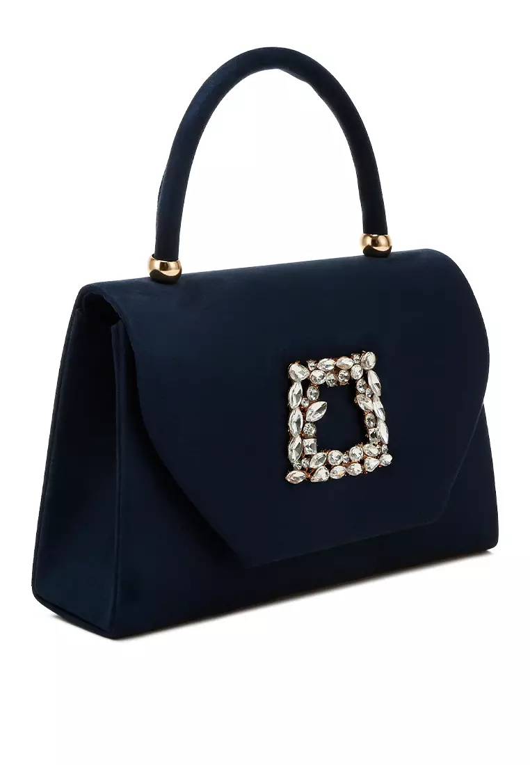 Mini Top Handle Brooch Bag in Navy