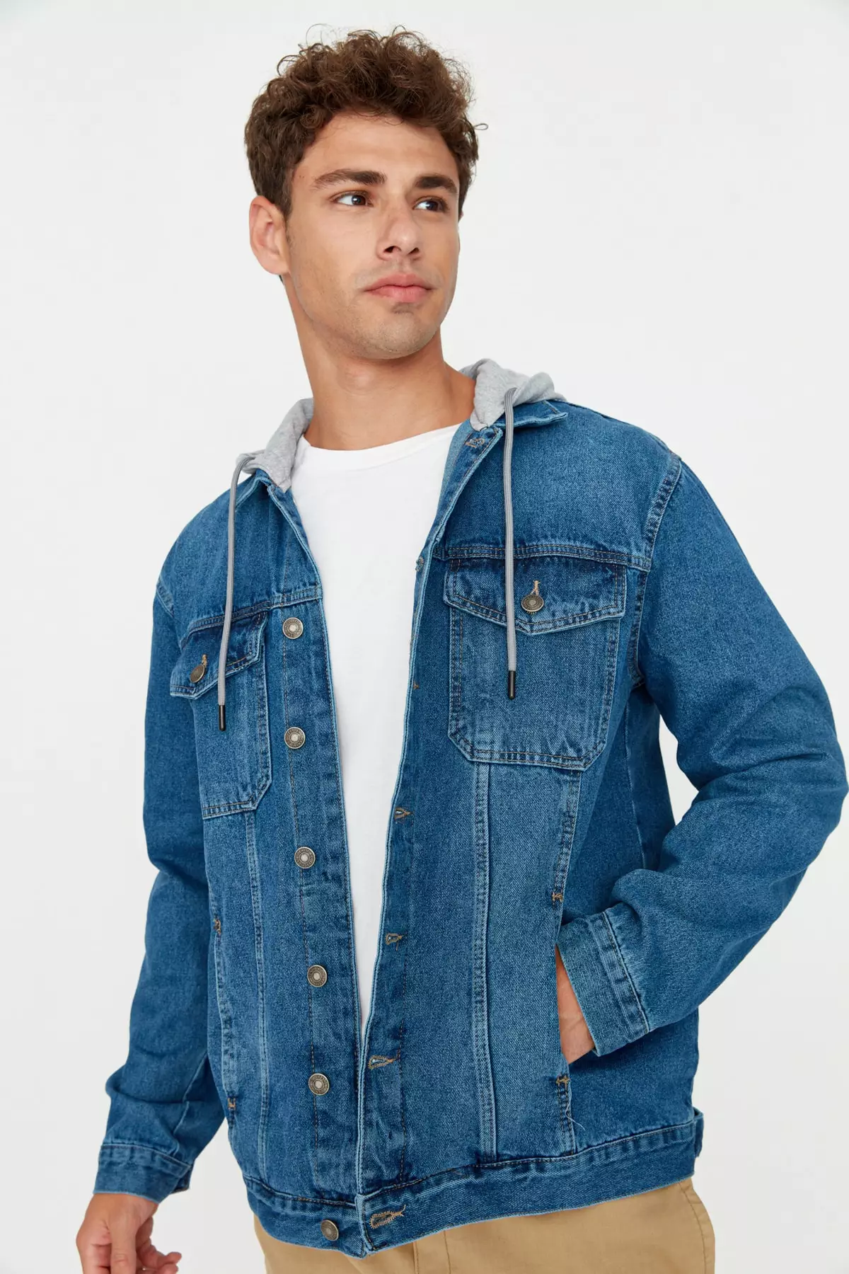 Men's Indigo Regular Fit Knitted Denim Jacket with a Hooded