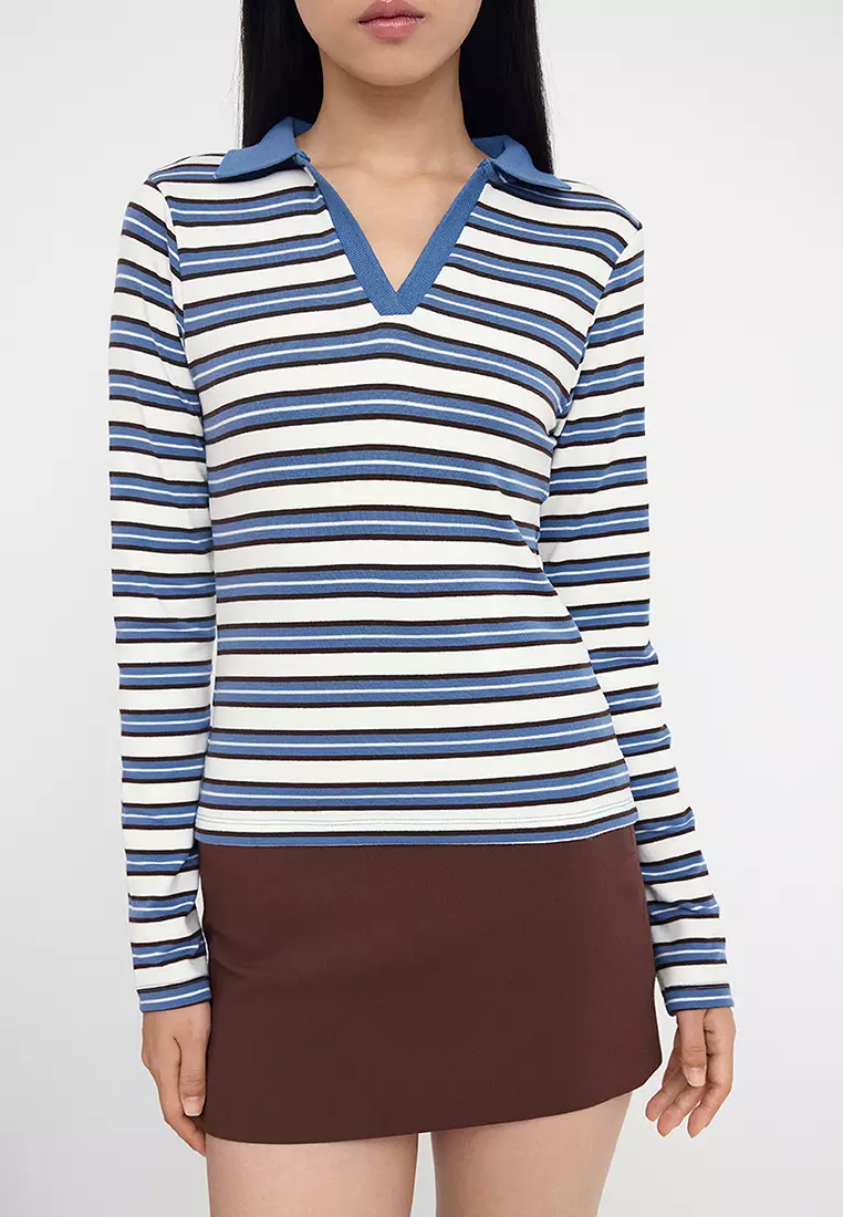Teen Blue Striped Polo Neck Fitted/Body-Smoothing Knitted Blouse Twoaw26Bz00034