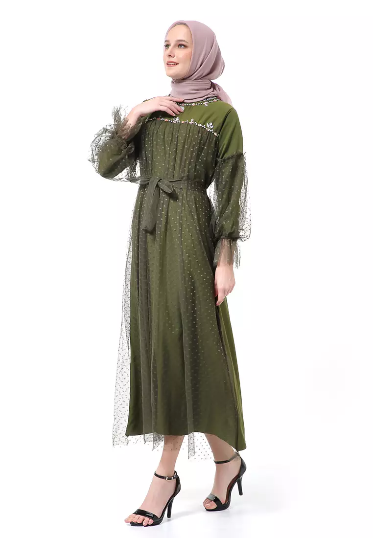 Varsha Dress Wanita Long Sleeve Motif Polos Polkadot High Quality - Army