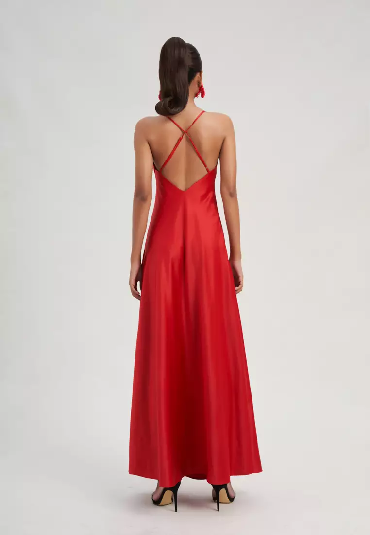 SOLID RED SILK MAXI DRESS