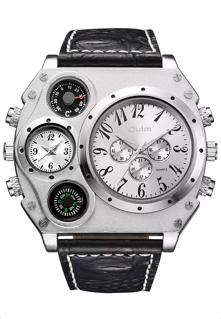 超大號男士石英腕錶 - 50x58 毫米 - 精鋼錶殼，黑色和銀色錶盤，黑色錶帶