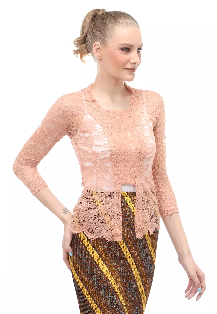 Hara Kebaya Seri 2 Motif Brokat Long Sleeves Atasan Wanita Transparan Premium Quality - Skin