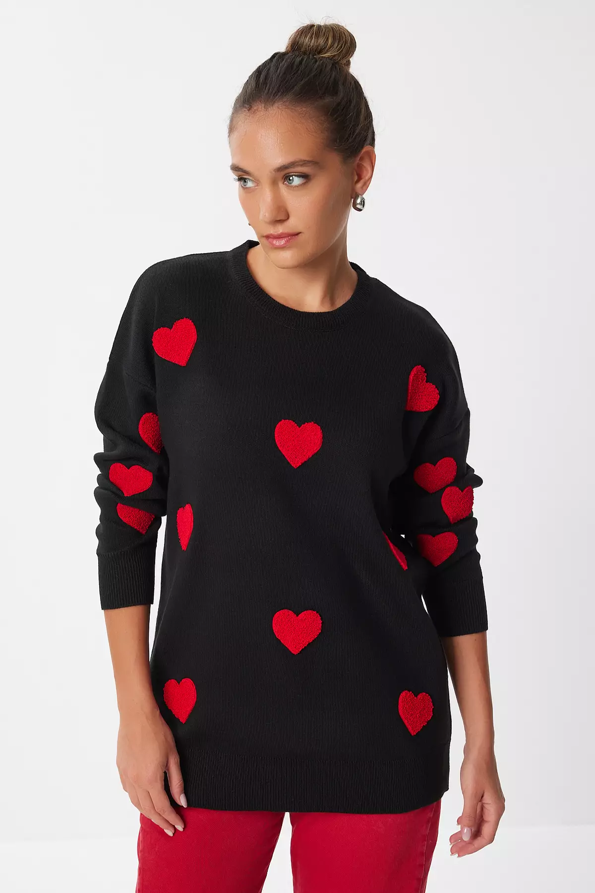 Women'S Burgundy Heart Textured Oversize Knitwear Sweater Nx00005
