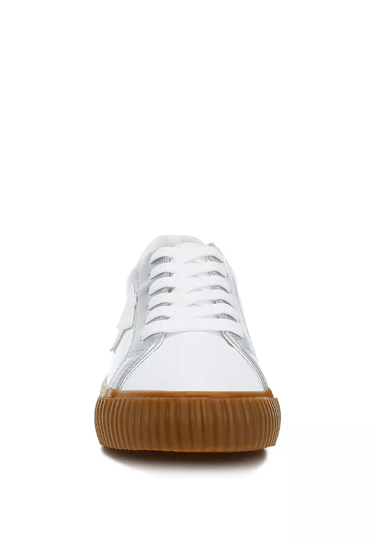 Metallic Faux Leather Star Sneakers in Silver