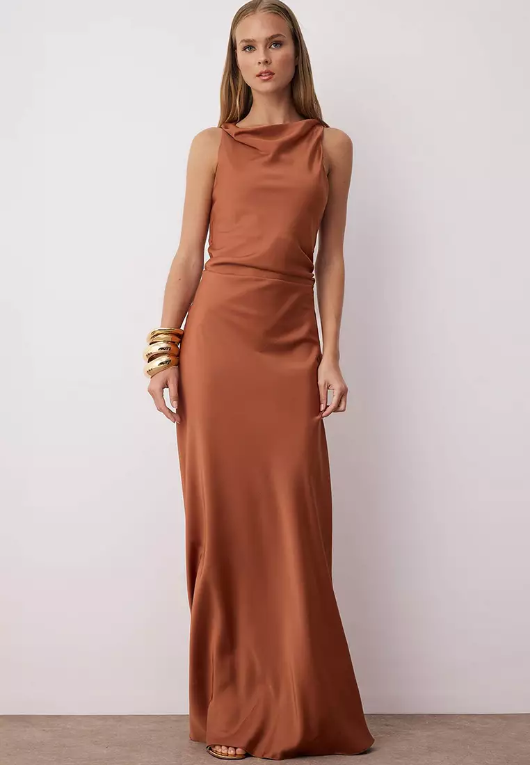 Brown Body Fitting Satin Maxi Evening Dress